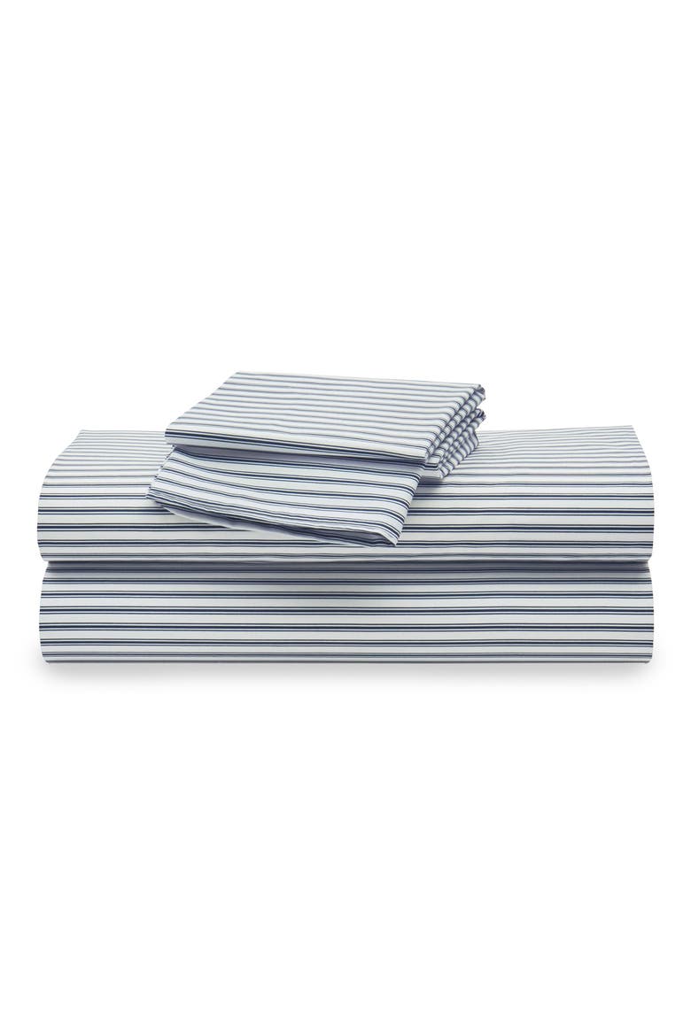 French Ticking Stripes Cotton Percale Sheet Set, Main, color, NAVY