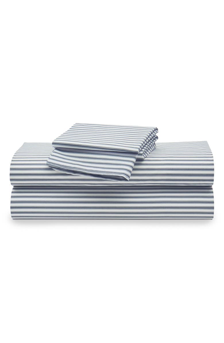 Petite Plume French Ticking Stripes Cotton Percale Sheet Set, Main, color, Navy