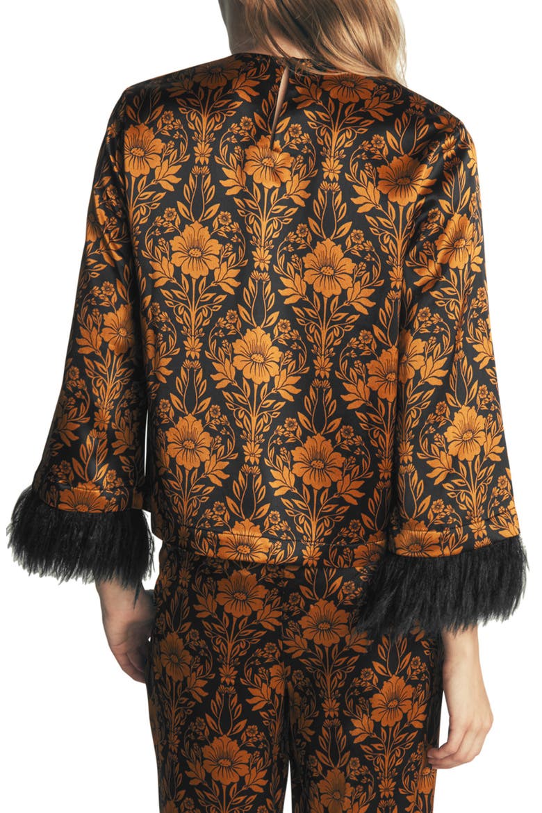 Faux Feather Trim Floral Top, Alternate, color, BROWN FLORAL FLOURISHING SPRIG