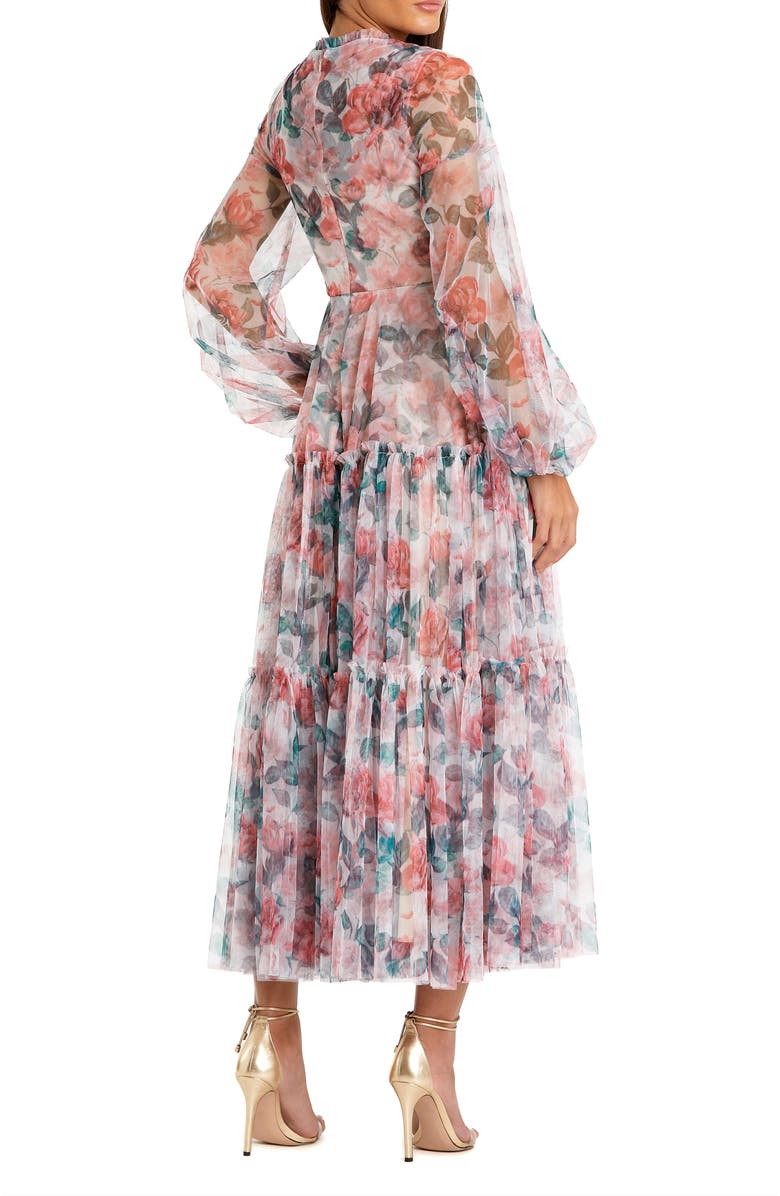 Mac Duggal Long Sleeve High Neck Long Balloon Sleeve Midi Dress, Alternate, color, White Multi