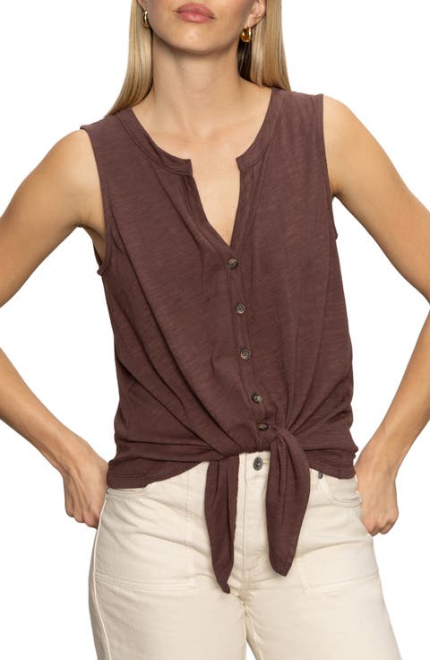 Tie Front Slub Jersey Button-Up Tank
