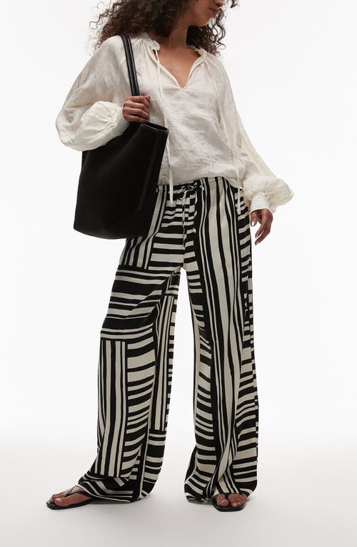 Topshop Tie Waist Wide Leg Satin Trousers In Black