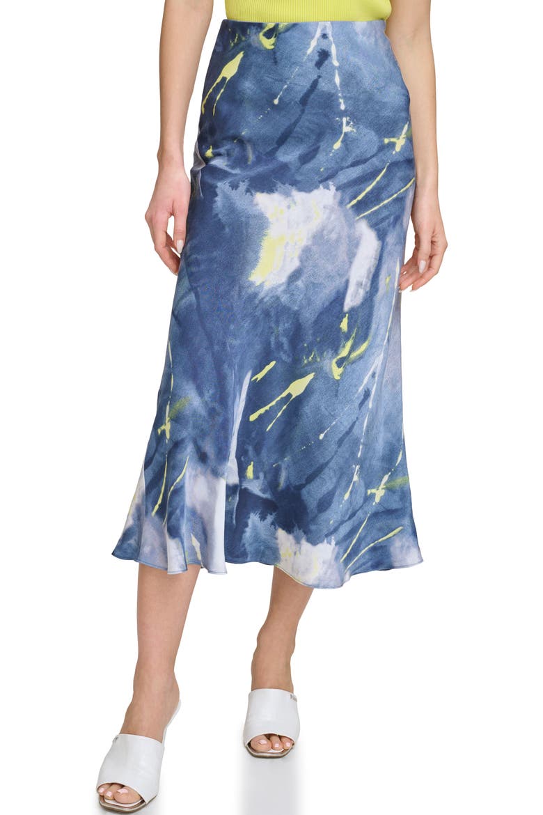 Printed Satin Midi Skirt, Main, color, FLUORO YELLOW/ INKY BLUE MULTI