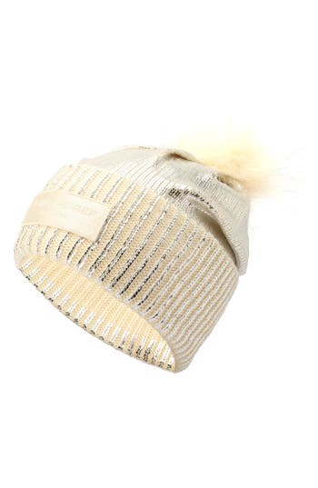 KURT GEIGER KURT GEIGER LONDON METALLIC FOIL BEANIE WITH FAUX FUR POMPOM