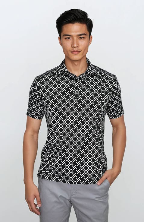 Wrinkle Resistant 3 Button Geometric Black Polo Shirt