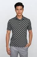 24sevenMen Wrinkle Resistant 3 Button Geometric Black Polo Shirt