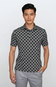 24sevenMen Wrinkle Resistant 3 Button Geometric Black Polo Shirt