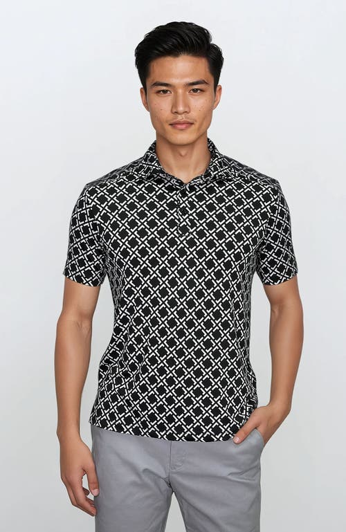 24sevenmen Wrinkle Resistant 3 Button Geometric Black Polo Shirt In Multi