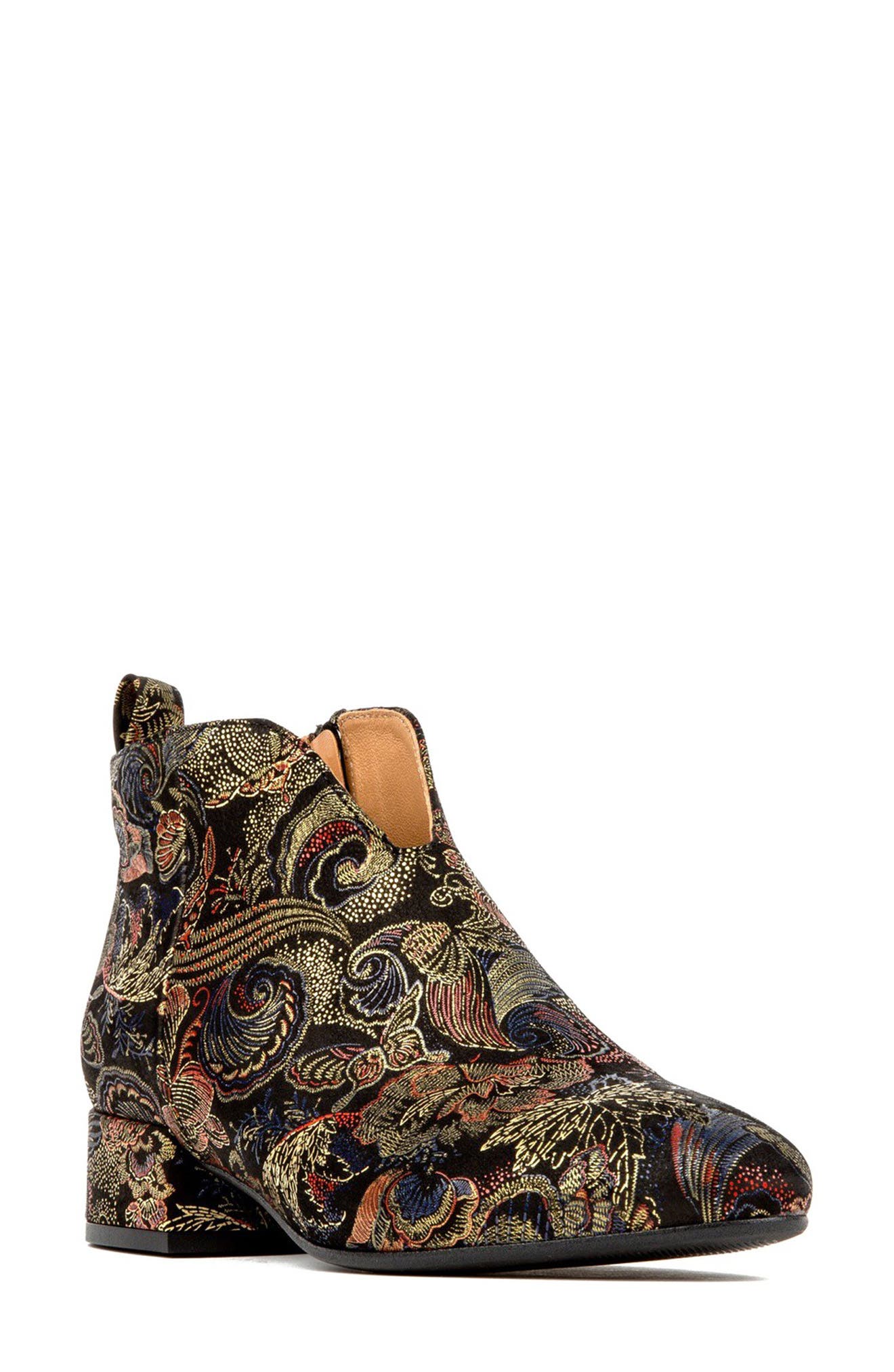 Iris Floral Embroidery Bootie, Main, color, BLACK