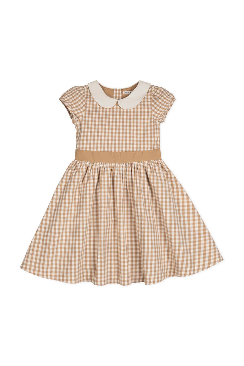 Kids' Organic Stretch Poplin Peter Pan Collar Dress, Main, color, Tan Gingham
