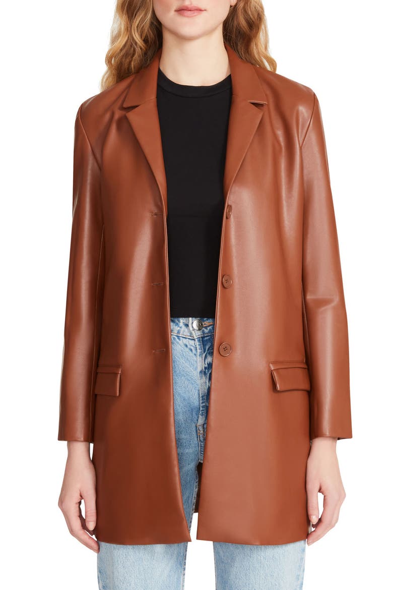 Rock Star Faux Leather Boyfriend Blazer, Main, color, COGNAC
