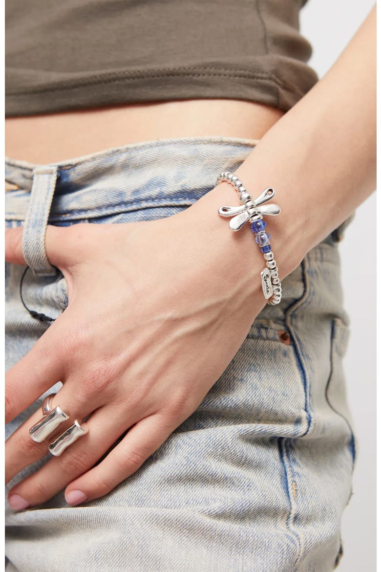 Elastic Bracelet with Sterling Silver Plated Dragonfly with Blue Crystals, Alternate, color, Silver