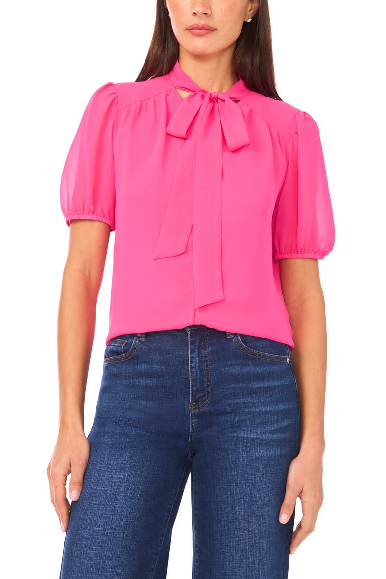 Puff Sleeve Tie Neck Top, Main, color, BRILLIANT FUCHSIA