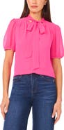 CeCe Puff Sleeve Tie Neck Top