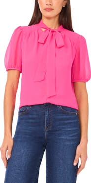 CeCe Puff Sleeve Tie Neck Top