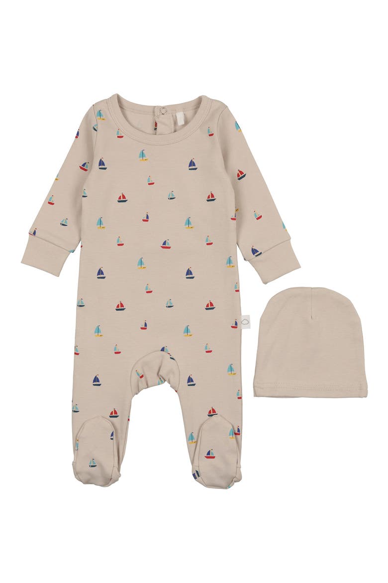 Sailboat Print Footie & Hat, Main, color, TAUPE