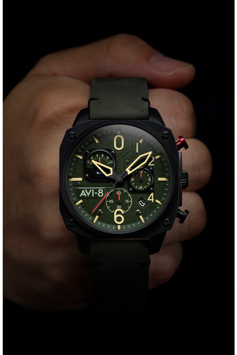 Hawker Hunter Retrograde Chronograph Leather Strap Watch, 45mm, Alternate, color, GREEN