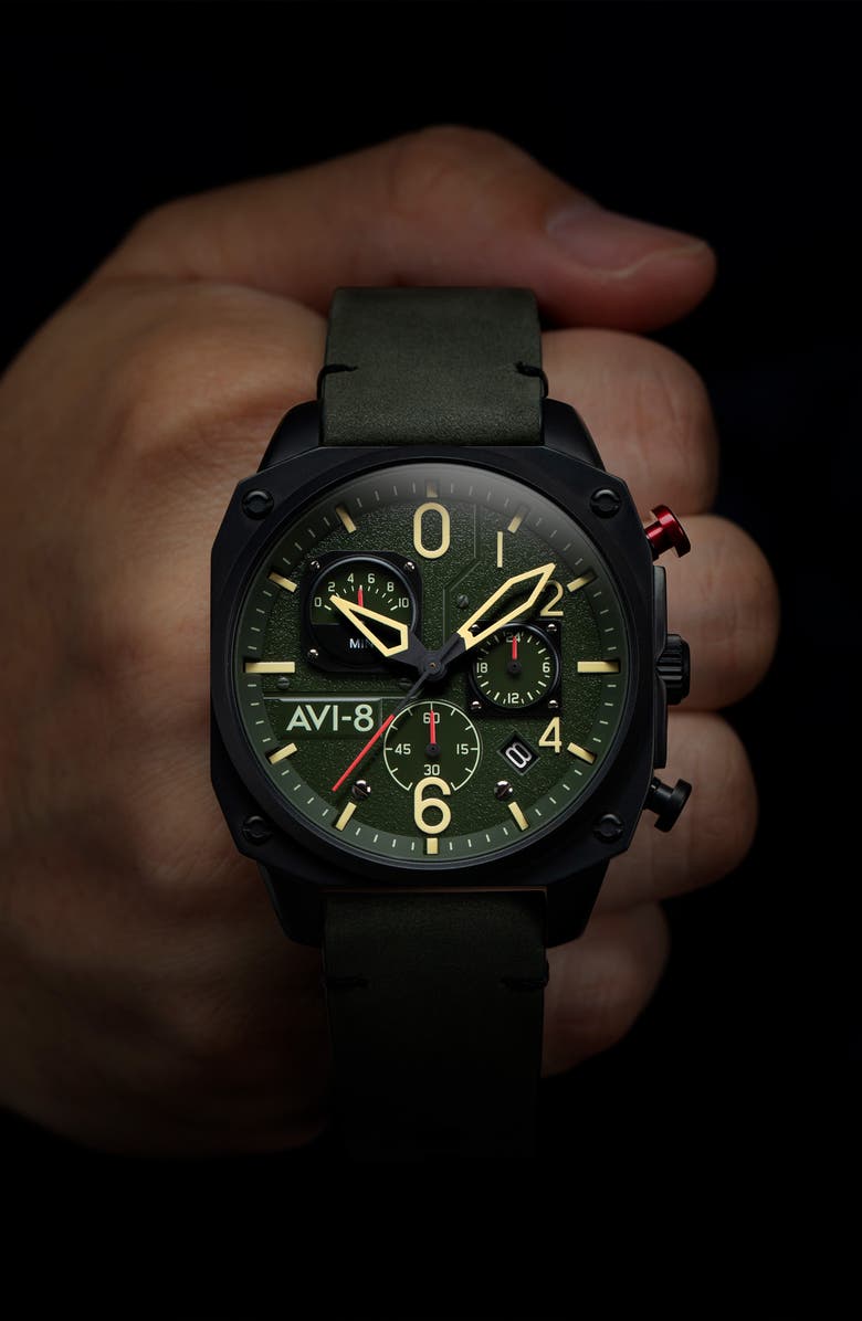 AVI-8 Hawker Hunter Retrograde Chronograph Leather Strap Watch, 45mm, Alternate, color, Green