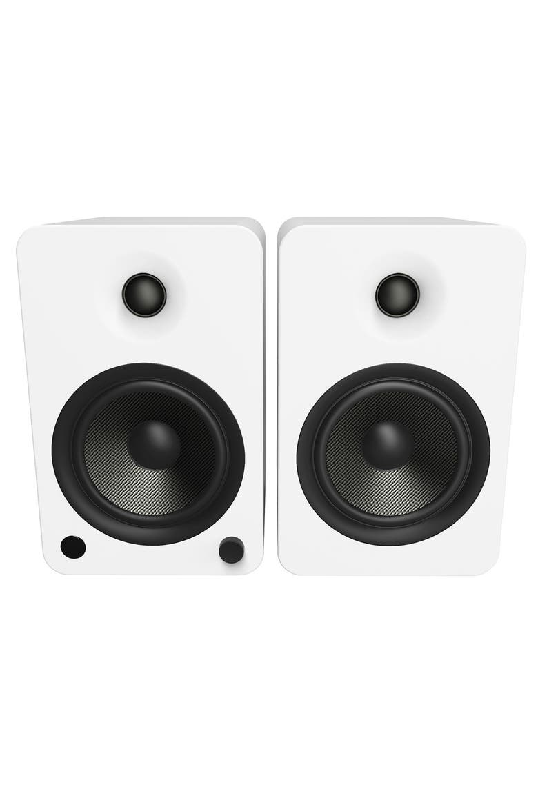 YU6 Powered Bookshelf Speakers with SE6 Elevated Desktop Speaker Stands, Alternate, color, Matte White