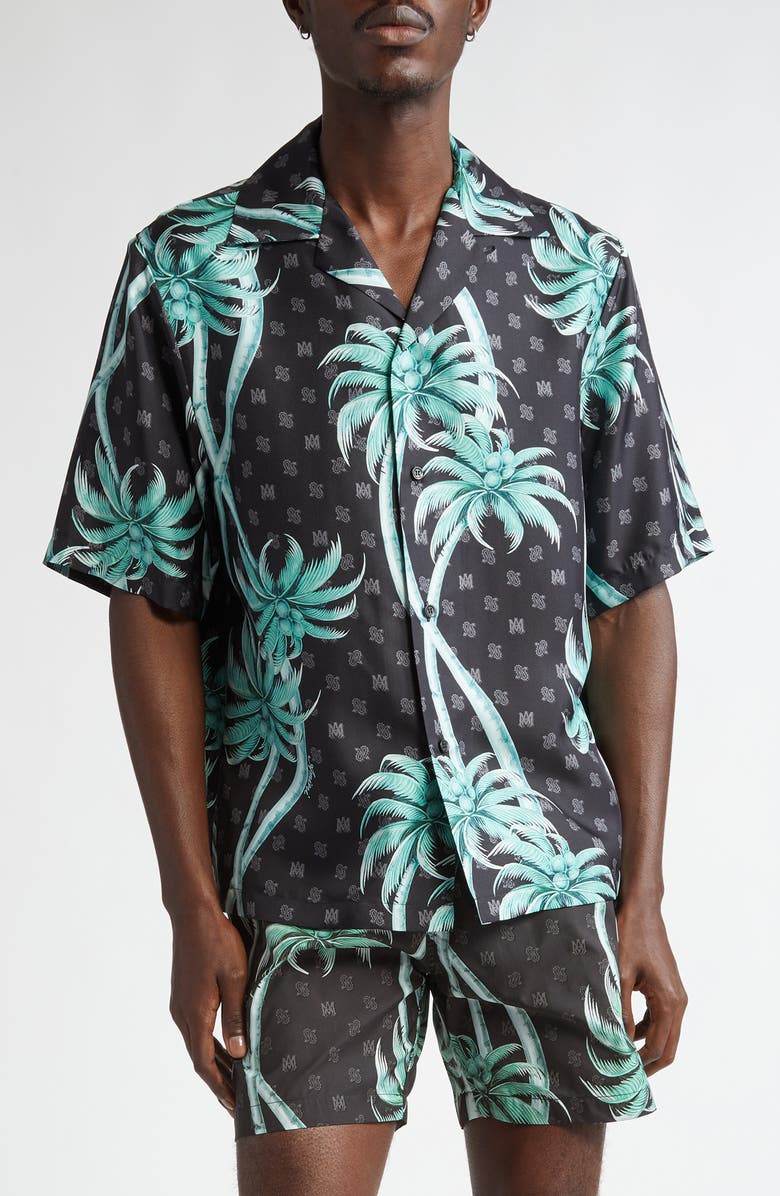 AMIRI Palm Logo Silk Camp Shirt, Main, color, Black