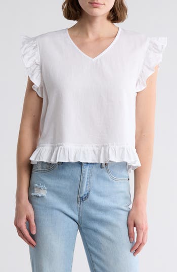 Melrose And Market Ruffle Cap Sleeve Cotton Top In White