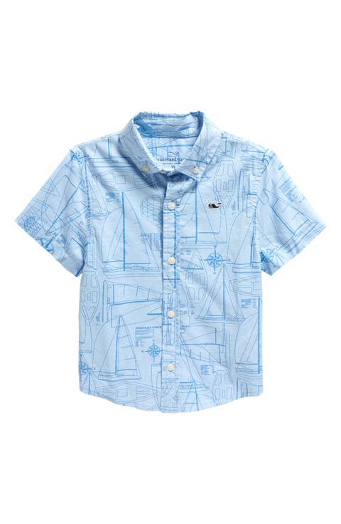 Kids' Sailboat Print Short Sleeve Cotton Button-Up Shirt (Toddler, Little Kid & Big Kid)