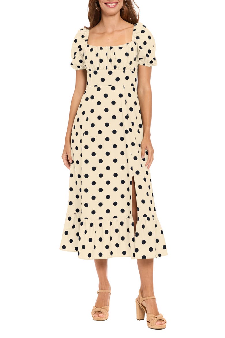 Puff Sleeve Square Neck Empire Dress, Main, color, CREAM/ BLACK