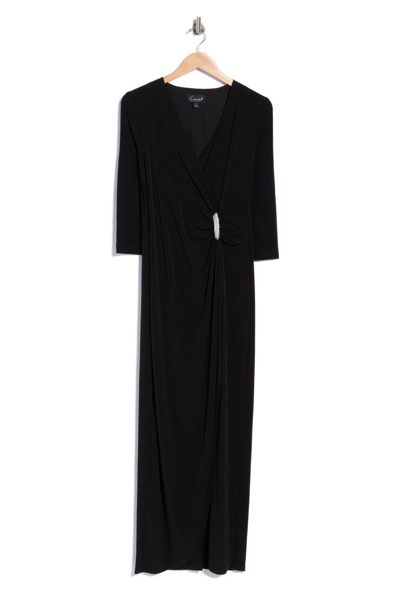 Crystal Brooch Faux Wrap Maxi Dress, Alternate, color, BLACK