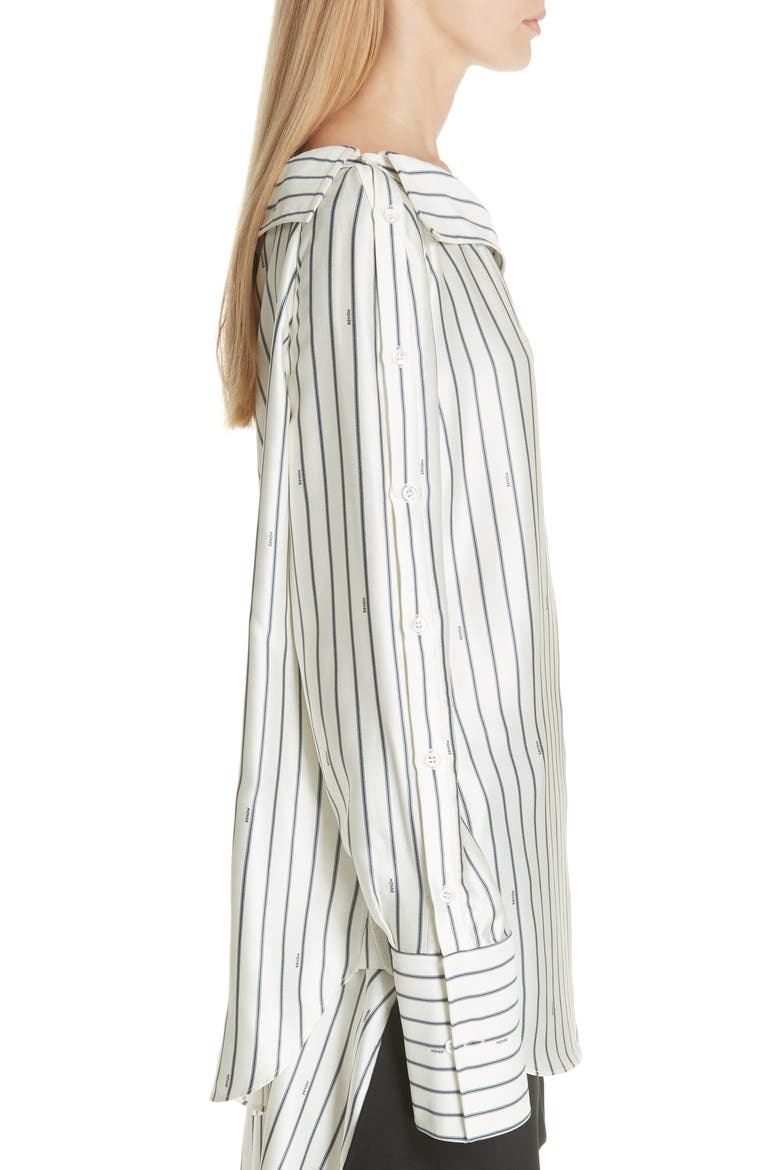 Off the Shoulder Pinstripe Silk Blouse, Alternate, color, IVORY/ NAVY