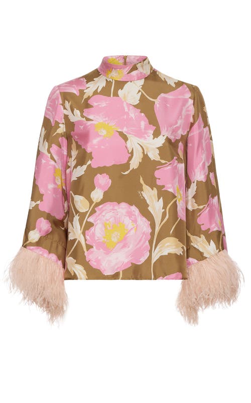 La Doublej Make An Exit Feather-trimmed Silk Top In Sylph Khaki