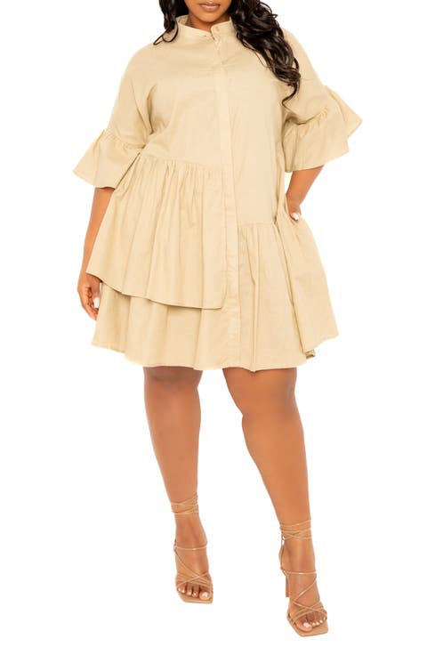 Flutter Sleeve Cotton 
Linen Shift Dress (Plus)