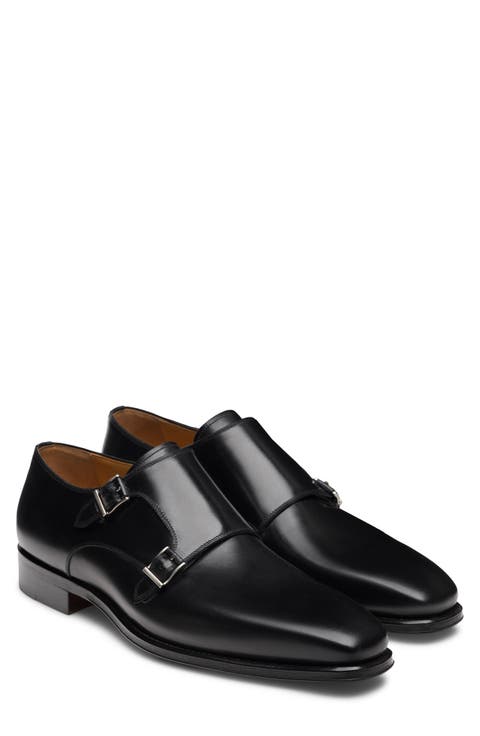 Landon II Black Plain Toe Two Buckle Monk Shoe (Men)