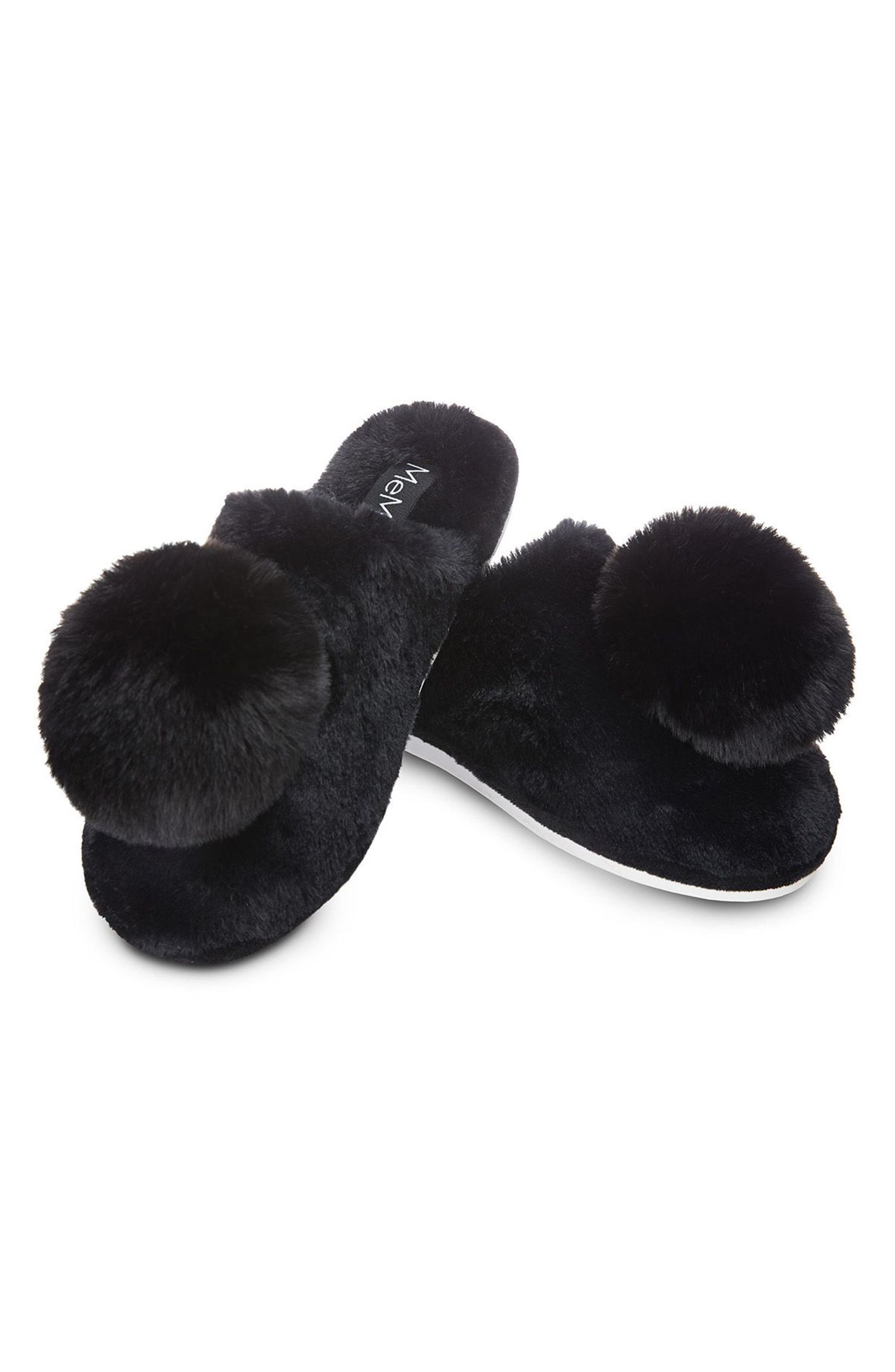 MeMoi The Gloria Faux Fur Pom Slipper, Main, color, Black