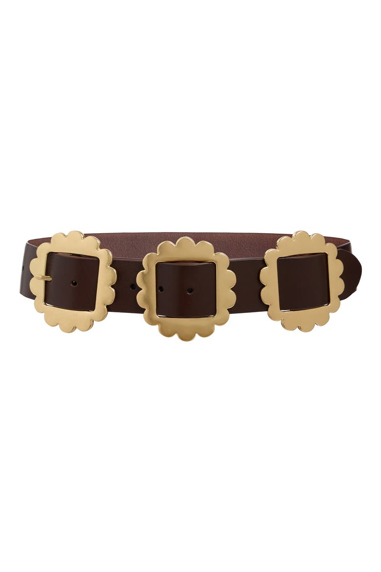 Brown Leather Belt with Gold Scalloped Buckles, Alternate, color, Brown