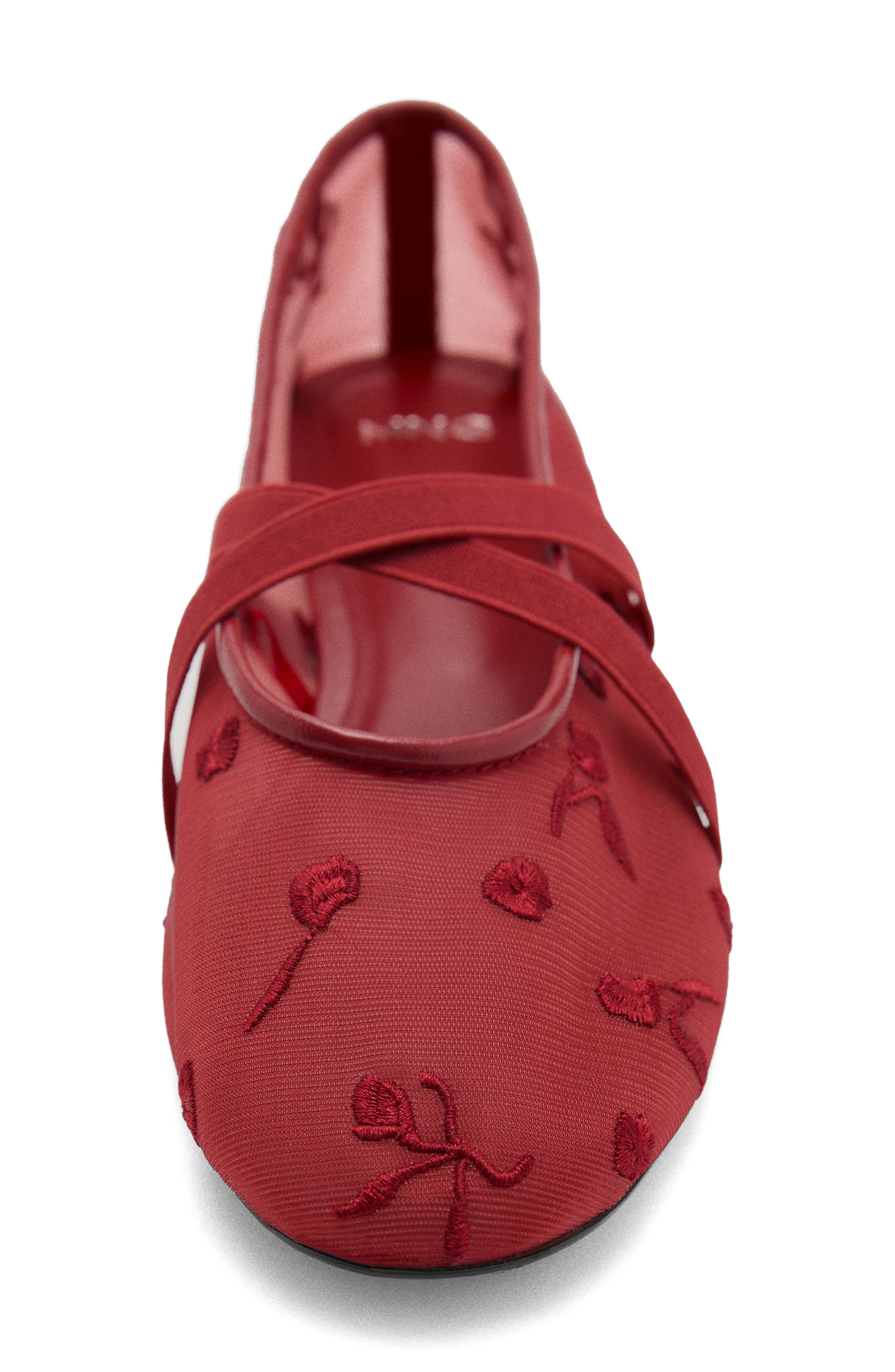 MANGO Floral Embroidered Cross Strap Ballerina Flat, Alternate, color, Red