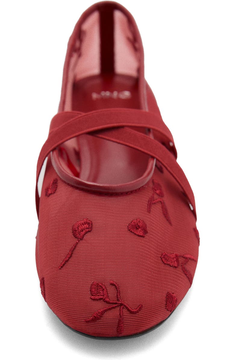 MANGO Floral Embroidered Cross Strap Ballerina Flat, Alternate, color, Red