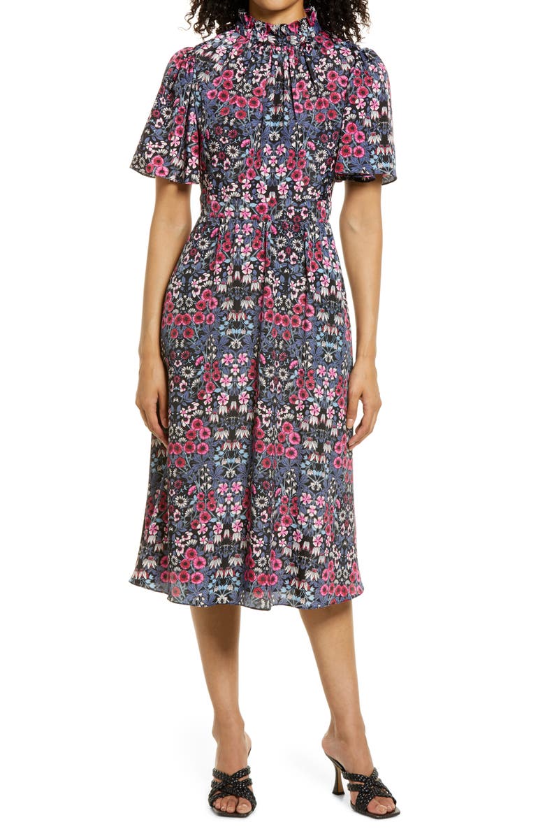 Julia Jordan Ruffle Neck Flutter Sleeve A-Line Dress, Alternate, color, Fus Multi