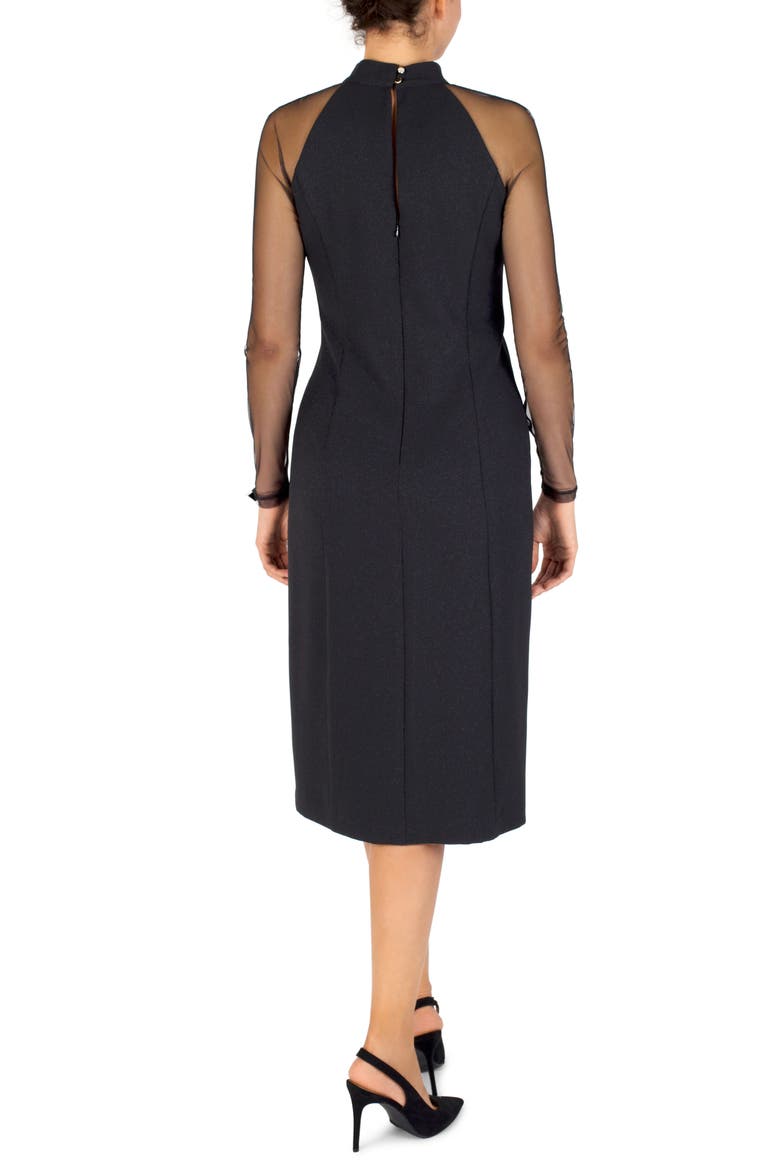 Twist Neck Illusion Long Sleeve Midi Dress, Alternate, color, BLACK