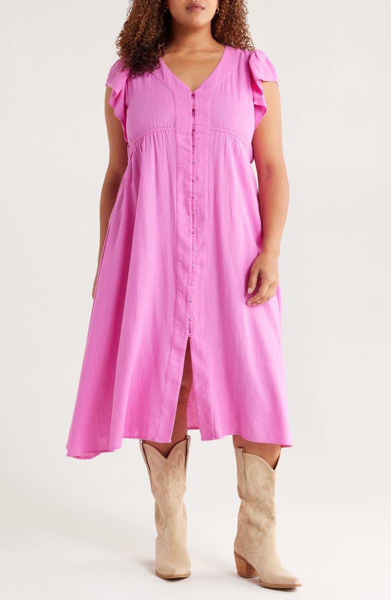 Treasure & Bond Short Sleeve Button Down Linen Blend Midi Dress, Main, color, 