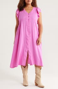 Treasure & Bond Short Sleeve Button Down Linen Blend Midi Dress