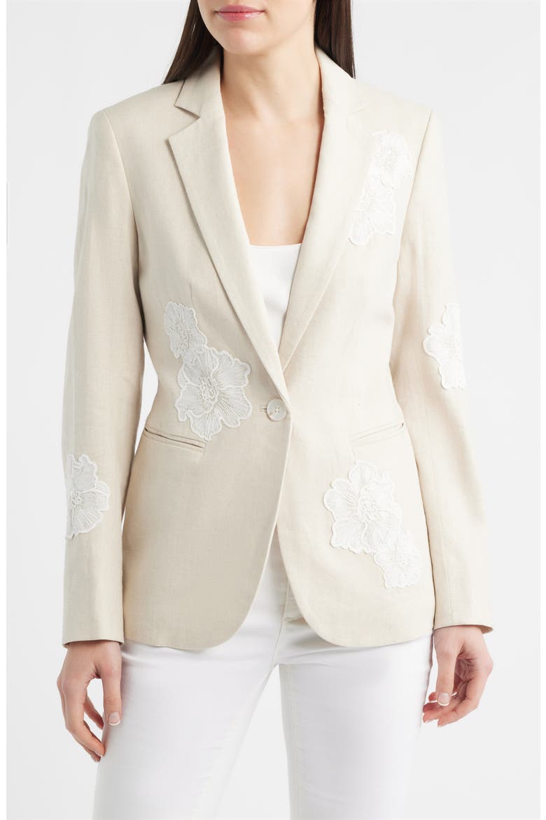 Floral Appliqué Linen Blend Blazer, Alternate, color, NATURAL GRAIN/ CRISP WHITE