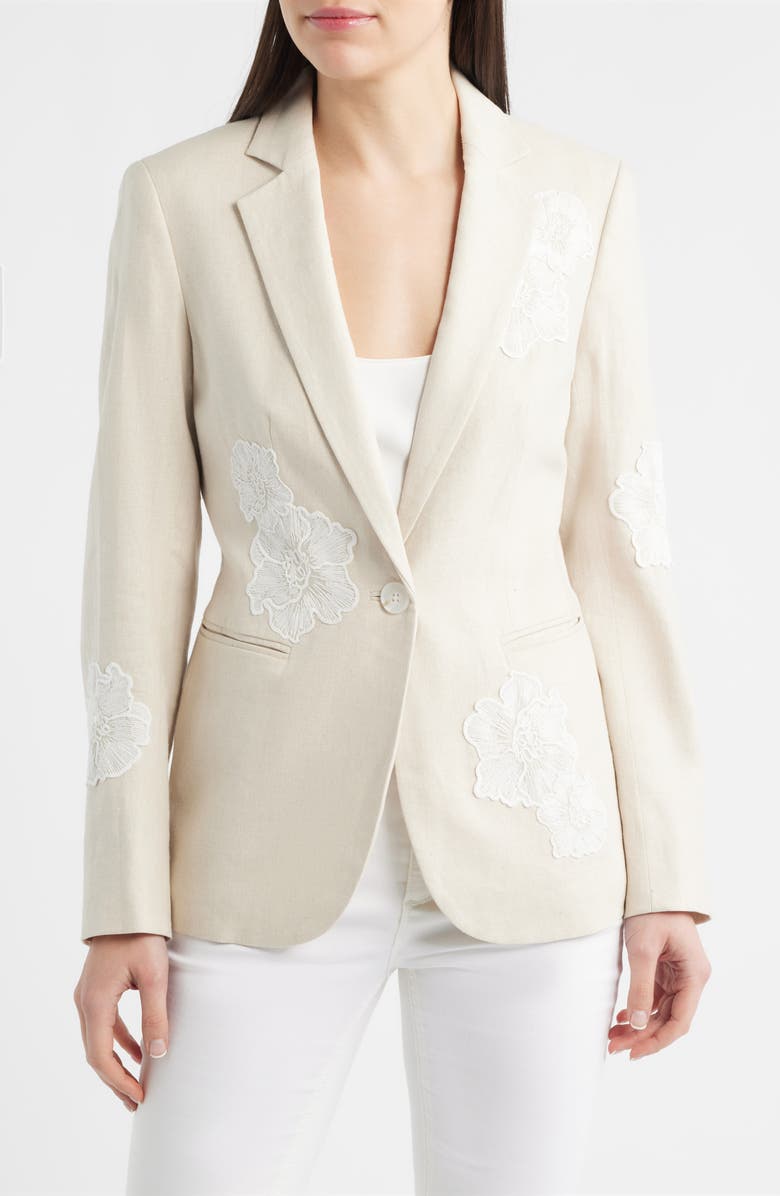 Anne Klein Floral Appliqué Linen Blend Blazer, Alternate, color, Natural Grain/ Crisp White