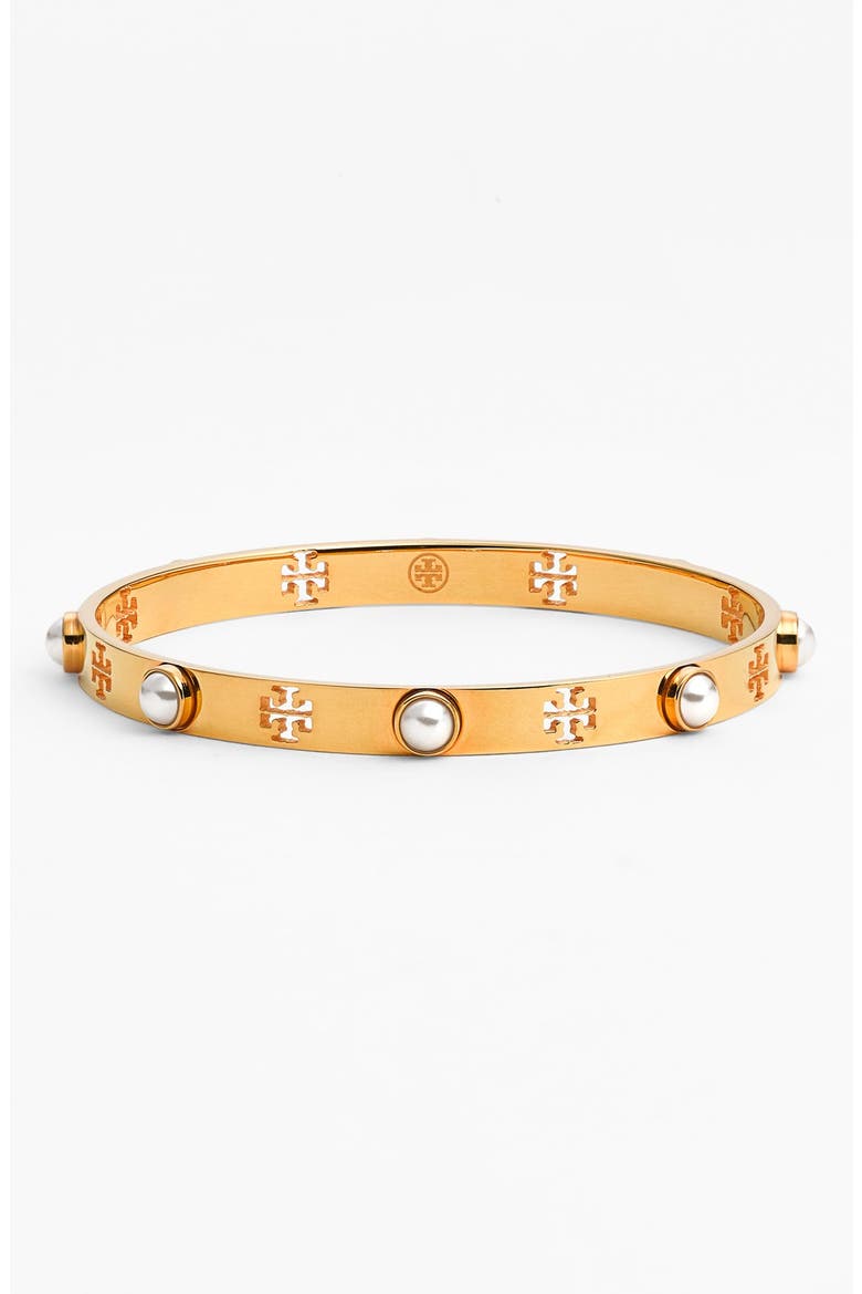 Faux Pearl Bangle, Main, color, IVORY/ SHINY BRASS