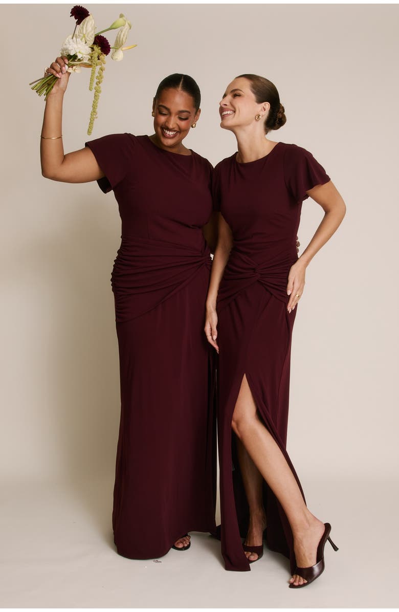 Six Stories Knot Panel Flutter Sleeve Maxi Dress, Alternate, color, Merlot