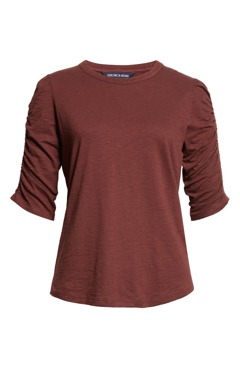 Veronica Beard Waldorf Ruched Sleeve Cotton Slub Top, Alternate, color, Raisin