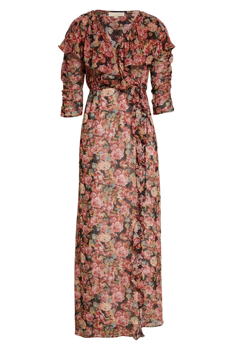Georgette Three-Quarter Sleeve Wrap Dress, Alternate, color, NIGHT BOUQUET