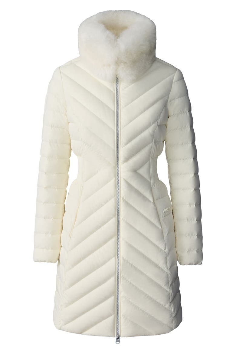 Water Repellent Chevron Quilted Down Coat with Removable Genuine Shearling Collar, Alternate, color, CREAM