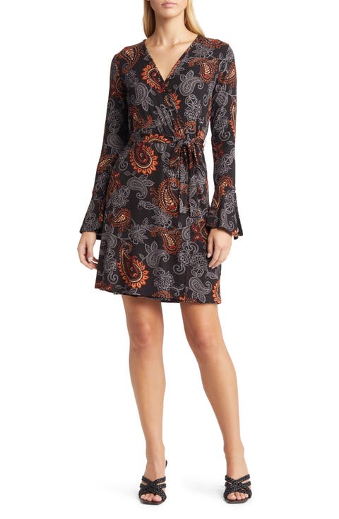 Paisley Long Sleeve Faux Wrap Dress