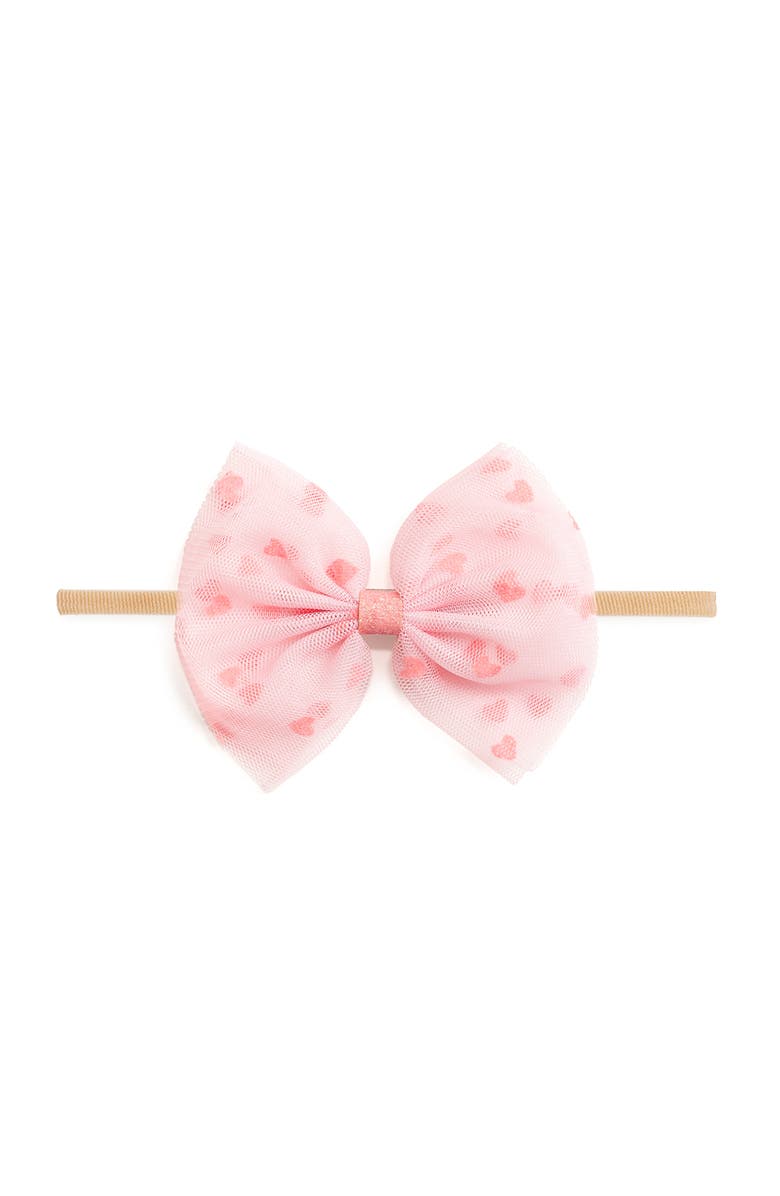 Sweet Wink Flocked Heart Valentine
s Day Tulle Bow Baby Headband, Main, color, Pink