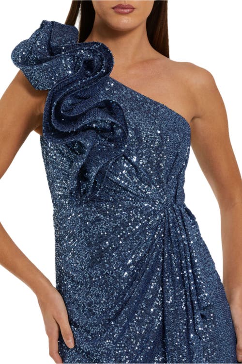 Mac Duggal One Shoulder Sequin Column Dress With Ruffle In Blue